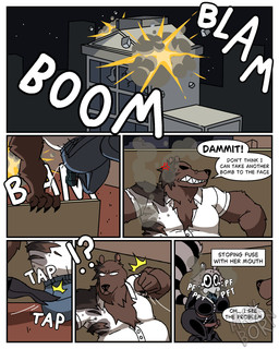 annoyed anthro big_breasts black_clothing bodily_fluids bodysuit bomb boots breasts city city_background clothed clothing coat detective dialogue duo explosion explosives eyewear female female_anthro femme_fatale footwear fur high_heeled_boots high_heels huge_breasts jacket markings monkey_tail museum nervous nervous_sweat night police pouch_(clothing) raccoon_tail ring_(marking) ringed_tail running running_away scared shocked shoes skinsuit smoke smoke_bomb smoke_cloud striped_markings striped_tail stripes sweat tail tail_markings tears tears_of_fear text thief tight_clothing topwear torn_clothing diegutan marcos_the_bear uva_the_raccoon bear brown_bear mammal procyonid raccoon ursine 4:5 absurd_res aliasing binary_drawing comic digital_drawing_(artwork) digital_media_(artwork) english_text hi_res
