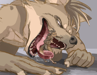 anthro anthro_pred anthro_prey bodily_fluids breasts brown_body brown_fur butt detailed_mouth drooling duo extreme_size_difference fangs featureless_breasts female female_prey fur grey_background imminent_vore looking_back male male/female male_pred micro nervous nude nude_anthro nude_female open_mouth rear_view saliva simple_background size_difference standing tan_body tan_fur teeth tongue tongue_out unsure borochi canid canine mammal