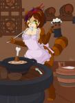 2015 accessory ailurid alcohol anthro appliance apron apron_only bear beer beverage biped blizzard_entertainment bowl breasts brown_body brown_fur brown_hair clothing container cook cooking_pot countershade_face countershade_torso countershading cup cutlery digital_media_(artwork) female food frilly fur green_eyes hair hair_accessory hairpin helsy hi_res highlights_(coloring) keg kitchen_utensils ladle looking_at_viewer mammal mostly_nude nipple_outline pandaren paper purple_highlights red_pandaren solo soup spoon standing stein stove tan_body tan_countershading tools warcraft