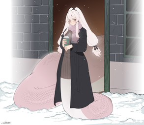 after_vore apode belly big_belly black_clothing black_coat black_topwear clothing coat female female_pred group hair legless overweight scarf serpentine snow split_form topwear vore white_hair 4kkc draconcopode humanoid lamia reptile scalie snake 2024 absurd_res hi_res
