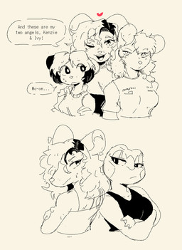 anthro black_clothing black_shirt black_tank_top black_topwear breasts clothed clothed_anthro clothed_female clothing crossed_arms duo ear_piercing eye_through_hair female female/female female_anthro glistening glistening_eyelids group hair hand_on_shoulder heart_symbol mature_anthro mature_female membrane_(anatomy) narrowed_eyes non-mammal_breasts one_eye_closed open_mouth open_smile piercing round_ears shirt simple_background smile tank_top text topwear translucent translucent_hair trio webbed_hands conditional_dnp sonokido greater_ventura_city camille_dumont ivy_fowler jodie_fowler amphibian frog mammal mouse murid murine rodent 2023 digital_drawing_(artwork) digital_media_(artwork) english_text hi_res monochrome daughter_(lore) mother_(lore) mother_and_child_(lore) mother_and_daughter_(lore) parent_(lore) parent_and_child_(lore) parent_and_daughter_(lore)