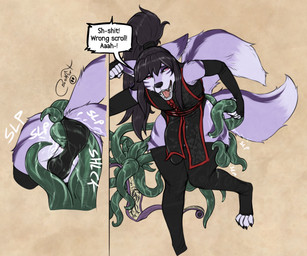 anal anal_penetration anthro balls black_hair clothed clothing dialogue fur genitals hair leggings legwear male markings multi_tail open_mouth penetration penis profanity purple_body purple_eyes purple_fur purple_hair robe scroll simple_background sleeves slime solo standing struggling tail tentacles text blokfort canid canine fox mammal 2025 absurd_res english_text hi_res