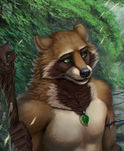 anthro armband brown_body brown_fur day forest fur green_eyes holding_object holding_staff jewelry leaf_pendant male necklace outside pendant plant solo staff tree whiskers moon-s tenebris canid canine mammal raccoon_dog tanuki 2023 dated hi_res