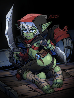 asian_clothing bandage black_nails blue_eyes body_stripes bone bottomwear butt butt_focus chest_wraps clothing colored_nails dagger dark_room east_asian_clothing feet feet_wraps floor foot_focus fundoshi gloves green_body green_skin hair handwear hood humanoid_feet japanese_clothing knee_pads knight melee_weapon nails nipple_tape pants pasties plantigrade potion pouch_(clothing) pouches saber skull snowflake stripes tape teasing toes underwear warrior weapon white_hair wood wood_floor wraps taigaxholic goblin digital_drawing_(artwork) digital_media_(artwork)