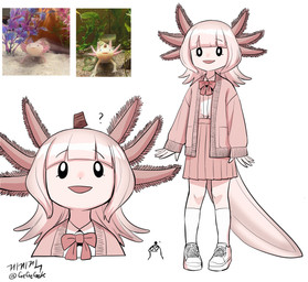 5_fingers :d bangs biped bottomwear bow_tie clothed clothed_female clothed_humanoid clothing comparison creature_and_personification external_gills eyebrow_through_hair eyebrows female female_humanoid feral fingers food footwear fully_clothed fully_clothed_female fully_clothed_humanoid gills hair humanoidized leucistic open_mouth open_smile photo photo_reference pink_hair pleated_skirt question_mark real reference_inset shirt shoes skirt smile socks standing tail topwear translucent translucent_hair white_clothing white_footwear white_socks young young_female young_humanoid gegegekman amphibian amphibian_humanoid animal_humanoid aquatic axolotl axolotl_humanoid humanoid mole_salamander salamander salamander_humanoid absurd_res hi_res reference_image