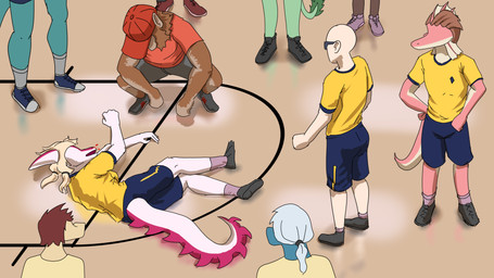 anthro bald biped blonde_hair blood blood_splatter blue_body blue_bottomwear blue_clothing blue_shorts bodily_fluids bone_frill bottomwear brown_body brown_fur brown_hair clothing crouching eyewear feathered_tail feathers female fingers footwear frill_(anatomy) fur green_body green_feathers grey_bottomwear grey_clothing grey_hair grey_shorts group gymnasium hair hat head_turned headgear headwear humanoid_hands long_hair long_tail looking_at_another lying male on_side open_mouth pink_body red_clothing red_shirt red_topwear shadow shirt shoes short_hair shorts spiked_tail spikes spikes_(anatomy) standing sunglasses tail tan_body topwear unconscious white_body yellow_clothing yellow_shirt yellow_topwear sebek_fereh_ra cavemanon_studios i_wani_hug_that_gator coach_solly damien_payne inco_(iwhtg) mia_moretti dilophosaurid dilophosaurus dinosaur hadrosaurid human hybrid mammal ornithischian ornithopod parasaurolophus prehistoric_species primate reptile saurischian scalie spinosaurid spinosaurus theropod 16:9 colored hi_res shaded widescreen