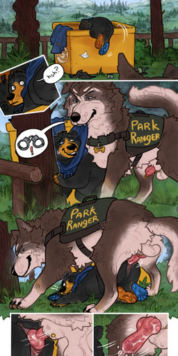 anal anal_penetration animal_genitalia animal_penis balls black_body bodily_fluids butt canine_genitalia canine_penis clothed clothing cum cum_in_vagina cum_inside detailed_background dumpster duo erection feral fur furgonomic_piercing furgonomics genital_fluids genital_piercing genitals harness heterochromia holding_clothing holding_object holding_shirt holding_topwear knot knotted_penis knotting lipsticking male male/male male_penetrated male_penetrating male_penetrating_male name_tag nature outside outside_sex park_ranger paws penetration penile penile_penetration penis penis_in_ass penis_piercing piercing prince_albert_piercing pull_out sex sheath sheath_piercing shirt size_difference tail topwear tug vaginal vaginal_penetration vulva fernsigillum rog_(rogulus) yamato_burr american_black_bear bear black_bear canid canine canis mammal ursine wolf absurd_res comic digital_media_(artwork) hi_res