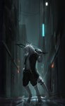 alley anthro black_clothing clothing hair male melee_weapon solo sword tail weapon white_hair jadedragoness mythology dragon fish hybrid marine mythological_creature mythological_scalie scalie shark hi_res