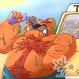 anthro arm_hair beard belly belly_hair blue_clothing bodily_fluids body_hair bottle car chest_hair clothed clothing container desert duo eyebrows eyes_closed eyewear facial_hair fangs fluffy fur goatee goggles hairy holding_object jumpsuit male male/male male_anthro musclegut muscular orange_body orange_fur overweight overweight_male red_eyebrows resting_arm short_stack smirking_at_partner sun sweat teeth tongue topless topless_anthro topless_male vehicle water whiskers yellow_body yellow_fur justwatchingthings nintendo warioware dribble_(warioware) spitz_(warioware) 1:1 hi_res