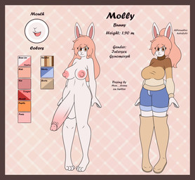 anthro areola balls big_balls big_penis border breasts clothed clothing foreskin genitals glans gynomorph hair huge_penis humanoid_genitalia humanoid_penis intersex long_hair nipples nude open_mouth penis ponytail red_border retracted_foreskin solo stated_height text max_draws molly_(max_draws) lagomorph leporid mammal rabbit absurd_res english_text hi_res model_sheet