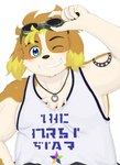 absurd_res anthro belly blue_eyes blush canid canine canis clothing domestic_dog floppy_ears hi_res hisaki_(live_a_hero) kemono_gakubuti lifewonders live_a_hero male mammal shirt slightly_chubby smile solo tank_top topwear