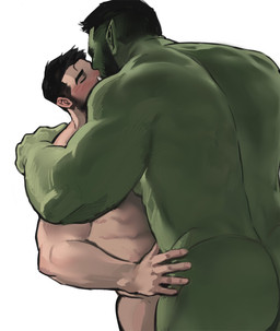 5_fingers barazoku beard big_muscles black_hair blush butt duo eyes_closed facial_hair fingers green_body green_skin hair humanoid_hands humanoid_pointy_ears kissing light_body light_skin male male/male muscular muscular_humanoid muscular_male not_furry nude pointy_ears simple_background tusks white_background dopq human humanoid mammal orc 2020 hi_res