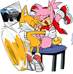 age_difference duo erection female genitals looking_pleasured male monster_truck nude open_mouth orange_body penis pink_body sex simple_background smile tail truck vehicle vulva white_background young young_male sooperman sega sonic_the_hedgehog_(series) amy_rose miles_prower eulipotyphlan hedgehog mammal 2026 hi_res