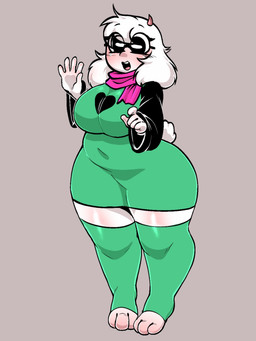 abdominal_bulge anthro belly big_butt black_clothing blush breasts butt clothing crossgender eyewear female fur glasses glistening glistening_body green_clothing heart_symbol horizontal_pupils horn legwear mtf_crossgender navel paws pink_horn pupils scarf slightly_chubby slightly_chubby_female solo thick_thighs thigh_highs white_body white_fur wide_hips skiddioop deltarune undertale_(series) ralsei bovid caprine darkner goat humanoid mammal 3:4 hi_res