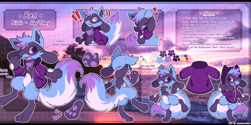 ambiguous_gender anthro blue_body blue_fur clothing evolutionary_stone fluffy fluffy_tail fur jacket mega_stone purple_body purple_eyes purple_fur solo tail text topwear ouroborotter nintendo pokemon pokemon_mystery_dungeon spike_chunsoft fan_character generation_4_pokemon pokemon_(species) riolu absurd_res english_text hi_res model_sheet