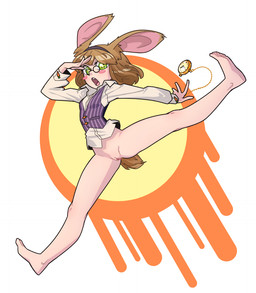 5_toes barefoot blush bottomless breasts brown_body brown_fur brown_hair clock clothed clothing cuff_links eyewear feet female fingers fur genitals glasses green_eyes hair jumping looking_at_viewer open_mouth pocketwatch shirt simple_background solo spread_legs spreading teeth toes tongue topwear vest vulva watch thepinkpirate alice_in_wonderland the_white_rabbit animal_humanoid humanoid lagomorph lagomorph_humanoid leporid_humanoid mammal mammal_humanoid rabbit_humanoid digital_media_(artwork)