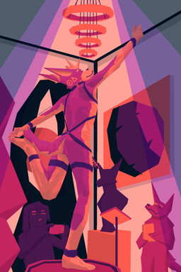 admiring admiring_penis anthro art_gallery athletic athletic_anthro barred_chastity_cage bdsm blissful blissful_mouth bondage bound chastity_cage chastity_device collar cuff_(restraint) dominant feet foot_grab fur genitals hair hand_reaching harness harness_only inside lamp light_from_above low-angle_view male male/male nude_male orange_body orange_fur orange_hair painting_(object) paralysis penis plinth posing_for_the_viewer purple_body purple_fur rear_view restraints sculpture simple_coloring smile solo spotlight statue submissive submissive_male taking_picture garbage_art fancy_dawg canid canine canis domestic_dog mammal absurd_res cel_shading digital_media_(artwork) hi_res krita_(artwork) restricted_palette shaded story story_in_description