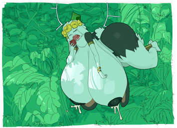 anthro apple areola big_breasts big_butt bodily_fluids breasts butt detailed_background eyes_closed female floating flower flower_crown food fruit gem halo hanging_breasts huge_breasts hyper hyper_breasts jewelry lactating nipples open_mouth plant solo thick_thighs realius tabunie deity lagomorph mammal