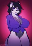 anthro big_breasts black_hair bottomless breasts chest_tuft cleavage clothed clothing curvy_figure female genitals hair huge_breasts looking_at_viewer purple_eyes pussy shirt smile solo thick_thighs topwear tuft voluptuous wide_hips tsudamaku zenocoyote_(oc) canid canine canis coyote fox hybrid mammal hi_res