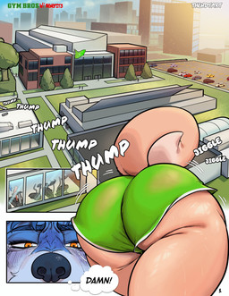 athletic_wear big_butt blush blush_lines bottomwear butt butt_focus clothed clothing college comic_panel dialogue femboy gym gym_bottomwear gym_shorts jogging male outdoor_background school shorts sound_effects text treadmill thendyart gym_bros_w_benefits_(thendyart) thendy_(thendyart) ventura_(thendyart) canid canine canis domestic_dog hybrid mammal mustelid otter shiba_inu spitz wolf absurd_res comic english_text hi_res