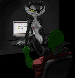 4_toes anthro black_body black_fur breasts claws clitoris computer duo electronics faceless_character faceless_male fangs feet female fur genitals male male/female nipples presenting presenting_vulva seductive sitting teeth toes vulva white_body white_fur yellow_sclera redout looney_tunes warner_brothers anon domestic_cat felid feline felis human mammal