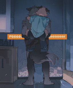 anthro biped black_body black_fur brown_body brown_fur carrying_another clothed clothing duo floppy_ears fur grey_body grey_fur male male/male muscular muscular_anthro muscular_male peeing slim_anthro slim_male tail topless topless_anthro topless_male hemuchang autumn_(outumn) shin_(hemuchang) canid canine canis domestic_dog fox mammal platinum_fox red_fox true_fox hi_res