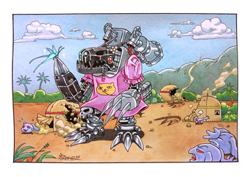 ambiguous_gender annoyed anthro cannon clothed clothing destruction dress female feral flower flower_accessory footsteps machine pink_clothing pink_dress plant ranged_weapon ruins scared weapon taragraphika bandai_namco digimon mythology arthropod butterfly digimon_(species) dragon insect lepidopteran machinedramon mythological_creature mythological_scalie pagumon robot robot_feral scalie absurd_res hi_res huge_filesize