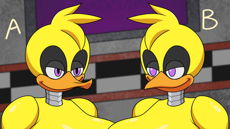 beak blonde_hair comparison duo female female/female hair machine metal metallic_body purple_eyes solo yellow_body papriko thegeckoninja five_nights_at_freddy's scottgames chica_(fnaf) classic_chica_(fnaf) animatronic humanoid robot 16:9 animated digital_media_(artwork) flipaclip_(artwork) hi_res widescreen