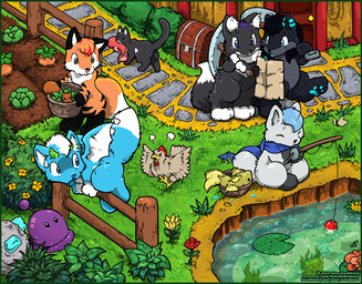 ambiguous_gender anthro black_hair building detailed_background digitigrade door farm feral fishing flower fur grass grey_body grey_fur group hair horn house lily_pad map orange_body orange_fur pawpads paws pickaxe plant pond scarf shovel shrub slime tail tools treasure_chest white_body white_fur o-kemono mythology stardew_valley quest_(character) tommy_(tornato33) venmar aquatic arthropod avian bird butterfly canid canine chicken domestic_cat dragon felid feline felis fish fox furred_dragon furred_scalie galliform goo_creature insect lepidopteran mammal mythological_creature mythological_scalie phasianid rodent scalie sciurid 2018 digital_drawing_(artwork) digital_media_(artwork)