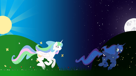 blue_eyes chasing cutie_mark day duo_focus female feral flower grass group hair moon multicolored_hair night outside plant princess purple_eyes quadruped royalty running sparkles star sun tail geomancing friendship_is_magic hasbro my_little_pony princess_celestia_(mlp) princess_luna_(mlp) ambient_arthropod ambient_butterfly ambient_firefly ambient_flier ambient_insect arthropod beetle butterfly elateroid equid equine firefly horse insect lepidopteran mammal pony 16:9 2013 hi_res widescreen sibling_(lore) sister_(lore) sisters_(lore)