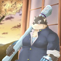 anthro clothing eyebrows katana male melee_weapon overweight overweight_male scar school_uniform solo sunset sword thick_eyebrows uniform weapon homohomofever lifewonders tokyo_afterschool_summoners moritaka_(tas) canid canine canis domestic_dog mammal 1:1 hi_res