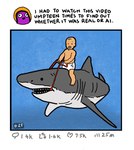 ambiguous_gender baby barefoot duo fangs feet humor riding teeth underwater water young smoothdunk twitter fish human mammal marine shark hi_res meme