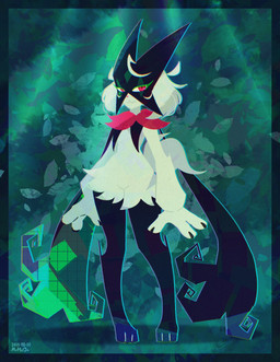 abstract_background ambiguous_gender anthro claws featureless_crotch fur green_body green_fur green_hair hair looking_at_viewer paws pink_eyes pokemorph solo tail mrh2o2 nintendo pokemon felid feline generation_9_pokemon mammal meowscarada pokemon_(species) 2025 dated hi_res signature
