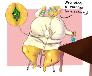 anthro between_breasts big_breasts bodily_fluids breast_smother breasts clothing coat duo eyewear female glasses huge_breasts lab_coat male male/female overweight overweight_female sitting_on_another smothering sweat sweaty_breasts thick_thighs topwear trapped_in_clothing x-ray_view oliburgob undertale_(series) alphys cameron_(skunkdude13) lizard reptile scalie hi_res