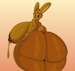 anthro big_breasts big_butt bodily_fluids breasts brown_body butt candy chocolate chocolate_bunny dessert female food huge_breasts huge_butt hyper looking_at_viewer nipples nude simple_background smile solo tail thiccbuns food_creature lagomorph leporid mammal rabbit digital_media_(artwork) hi_res