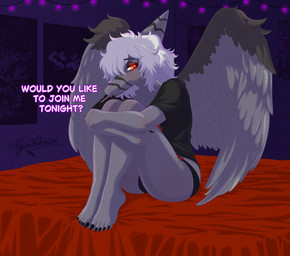 5_toes amber_eyes anthro bed bedroom black_clothing black_panties black_shirt black_t-shirt black_topwear black_underwear bone_frill bow_panties bow_underwear claws clothing dialogue eyelashes feathered_wings feathers feet female finger_claws food frill_(anatomy) furniture grey_body grey_hair grey_scales hair lidded_eyes looking_at_viewer medium_hair on_bed panties scales shirt sitting sitting_on_bed snout solo t-shirt talking_to_viewer text toe_claws toes topwear underwear wings garavakarian cavemanon_studios pocky snoot_game ashley_morgan fan_character prehistoric_species pterodactylus pterosaur reptile scalie 2026 artist_name digital_drawing_(artwork) digital_media_(artwork) english_text hi_res watermark