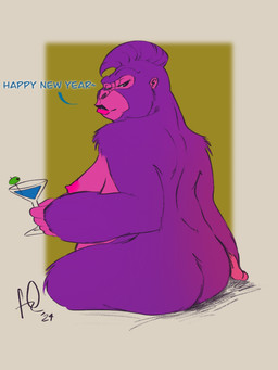 bedroom_eyes belly breasts busty_feral butt cocktail_glass container cup drinking_glass female feral fur glass glass_container glass_cup hair happy holding_object holidays looking_at_viewer narrowed_eyes nude overweight pose rear_view seductive simple_background sitting smile solo speech_bubble teeth furryquerine new_year diaz_(oc) fan_character ape gorilla haplorhine mammal primate 3:4 digital_media_(artwork) hi_res