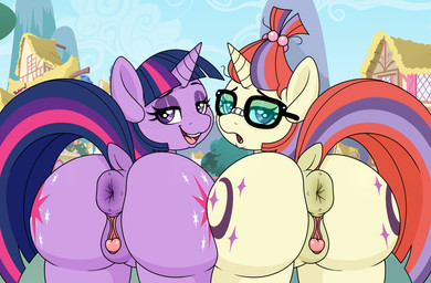 accessory animal_genitalia animal_vulva anus big_butt blush butt butts_touching clitoral_winking clitoris cutie_mark duo equine_anus equine_genitalia equine_vulva eyebrows eyeshadow eyewear female female_feral feral genitals glasses hair hair_accessory hair_tie horn looking_at_viewer looking_back looking_back_at_viewer makeup nerd open_mouth plump_labia ponyville puffy_anus purple_body purple_eyes raised_eyebrow raised_tail rear_view shy smile tail tan_body tied_hair unicorn_horn vulva wearing_glasses bolero_of_booty friendship_is_magic hasbro my_little_pony mythology moondancer_(mlp) twilight_sparkle_(mlp) equid equine mammal mythological_creature mythological_equine unicorn hi_res signature