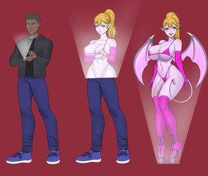 big_breasts bikini blonde_hair blush bottomwear breast_growth breasts clock clothing footwear gender_transformation genitals gloves growth gynomorph hair handwear high_heels hoodie human_to_humanoid humanoid_pointy_ears intersex looking_at_viewer male membrane_(anatomy) membranous_wings mtg_transformation mti_transformation navel nipple_outline not_furry open_mouth pants penis pink_bikini pink_clothing pink_gloves pink_handwear pink_swimwear pointy_ears ponytail red_background shoes simple_background smile solo spade_tail species_transformation swimwear tail tail_growth topwear transformation triangle_bikini two-piece_swimsuit watch wing_growth wings wristwatch anonymous_artist demon demon_humanoid human humanoid mammal 2025 digital_media_(artwork) hi_res sequence