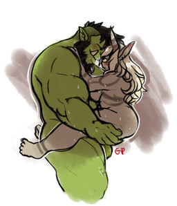 4_toes beard biceps big_muscles black_hair blush bodily_fluids breasts duo eyes_closed facial_hair feet female green_body green_skin grey_body grey_skin hair hand_on_butt hand_on_shoulder horn larger_male long_hair male male/female markings muscular muscular_arms not_furry nude sex side_boob side_view simple_background size_difference smaller_female smile stand_and_carry_position standing standing_sex sweat toes tusks white_hair goldenstout humanoid orc 2016 digital_media_(artwork) hi_res
