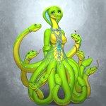 anthro apode blue_eyes blush breasts featureless_breasts female forked_tongue green_body green_scales heart_symbol jewelry legless necklace scales serpentine solo tongue tongue_out mykegreywolf sylene_(blissey1) cobra draconcopode naga reptile scalie snake 1:1 2024 hi_res