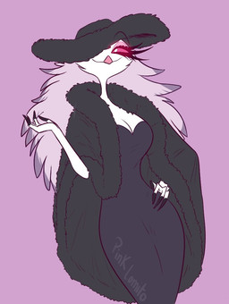 anthro black_clothing black_dress black_hat black_headwear black_robe breasts cleavage clothed clothing cosplay crossover_cosplay dress female fingers fur hair hat headgear headwear long_hair looking_at_viewer pink_background pink_eyes robe simple_background smile solo standing white_body white_face white_fur white_hair l0mius ghibli hellaverse helluva_boss howl's_moving_castle stella_(helluva_boss) witch_of_the_waste anatid anseriform anserine avian avian_demon bird demon swan 2022 crossover digital_media_(artwork)