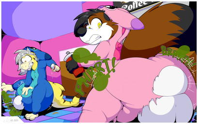 anthro beverage bodily_noises clean_diaper clothed clothing coffee diaper diaper_under_clothing duo fart male wearing_diaper anonymous_artist aquatic canid canine canis domestic_dog fish mammal shark hi_res