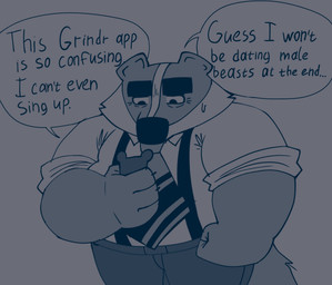 anthro bodily_fluids bottomwear cellphone clothing dialogue electronics male musclegut muscular necktie overweight overweight_male pants phone shirt smartphone solo standing sweat text topwear bencomedion beastly_crimes beastly_crimes_(2024) chief_badger badger mammal mustelid musteline 2026 english_text hi_res