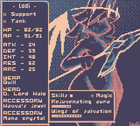 ambiguous_gender anthro big_hands big_tail collarbone convenient_censorship eyeless facial_markings flat_chested gameplay_mechanics hair halo head_markings holding_melee_weapon holding_object holding_polearm holding_spear holding_weapon long_ears long_hair markings melee_weapon navel nude nude_ambiguous nude_anthro polearm solo spear stat_display stats tail text thick_thighs weapon wings conditional_dnp lodi_(artist) lodi_(character) demon mammal digital_media_(artwork) english_text pixel_(artwork) restricted_palette signature
