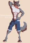 abs bottomwear brown_eyes clothing fur grey_body grey_fur hand_behind_head looking_at_viewer male muscular pants smile solo white_body white_fur neelam_(artist) canid canine canis mammal wolf absurd_res full-length_portrait hi_res portrait