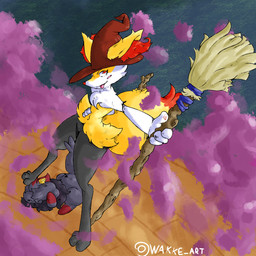 ambiguous_gender anthro anthrofied big_ears big_tail broom cleaning_tool clothing covering covering_eyes covering_face duo ears_over_eyes feral hand_on_hip hat headgear headwear high-angle_view pokemorph purple_smoke skinny smoke tail thick_thighs witch_hat wakke nintendo pokemon braixen generation_5_pokemon generation_6_pokemon pokemon_(species) zorua 1:1 hi_res