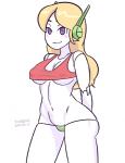 blonde_hair blush breasts cleavage clothed clothing female hair machine navel not_furry purple_eyes simple_background skimpy smile solo standing under_boob underwear white_background tinybone cave_story curly_brace android humanoid robot robot_humanoid 2015 digital_media_(artwork) portrait three-quarter_portrait