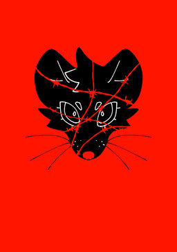 anthro barbed_wire black_body black_fur female fur poster red_background simple_background solo whiskers birzavr edd_(birzavr) mammal mouse murid murine rodent 2025 absurd_res digital_drawing_(artwork) digital_media_(artwork) flat_colors headshot_portrait hi_res portrait