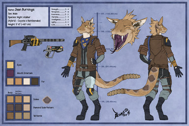 anthro armor boots brown_body brown_fur brown_markings brown_scales clothed clothing footwear forked_tongue fur gloves gun handgun handwear jumpsuit male mane markings open_mouth pistol purple_mouth ranged_weapon rattle_(anatomy) rifle scales shoes simple_background solo teeth text tongue weapon yellow_eyes blokfort fallout microsoft canid canine canis coyote hybrid mammal night_stalker_(fallout) pit_viper rattlesnake reptile scalie snake viper 2026 english_text model_sheet